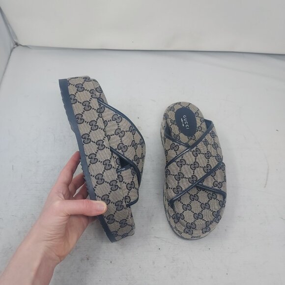 Gucci GG Monogram Beige Blue Criss Cross Platform Slide Sandal - Picture 1 of 10